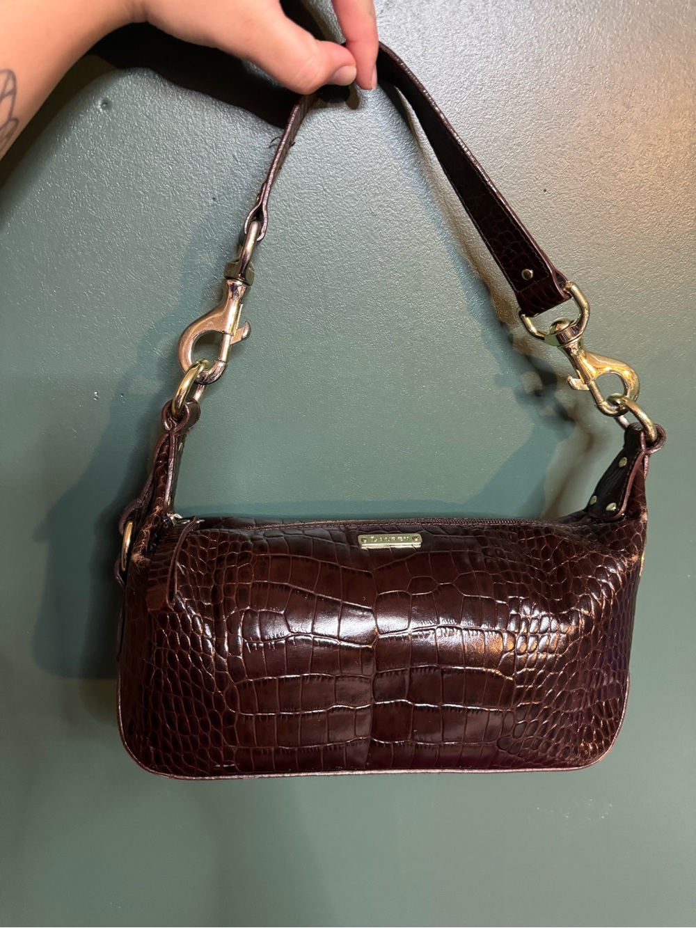 Lauren Ralph Lauren Dark Brown Croc-Embossed Shoulder Bag